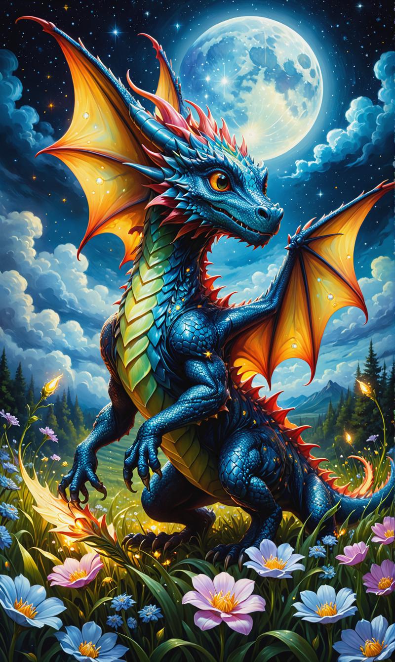 00886-224517315-art by Phil Koch, Meghan Howland _painting of a cute tiny fantasy dragon in a moonlit glowing flower field, starry sky, fireflie.png